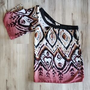 Bohemian Off-Shoulder Dress with Pink and Black Pattern